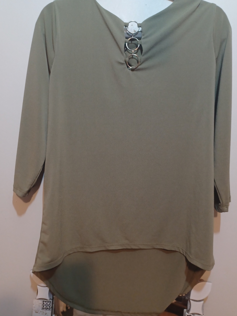 NY Collection Olive Green Ring-Accent High-Low Tunic
